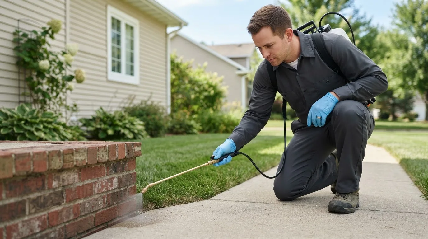 Pest control technician treating a home near Lucerne, MO