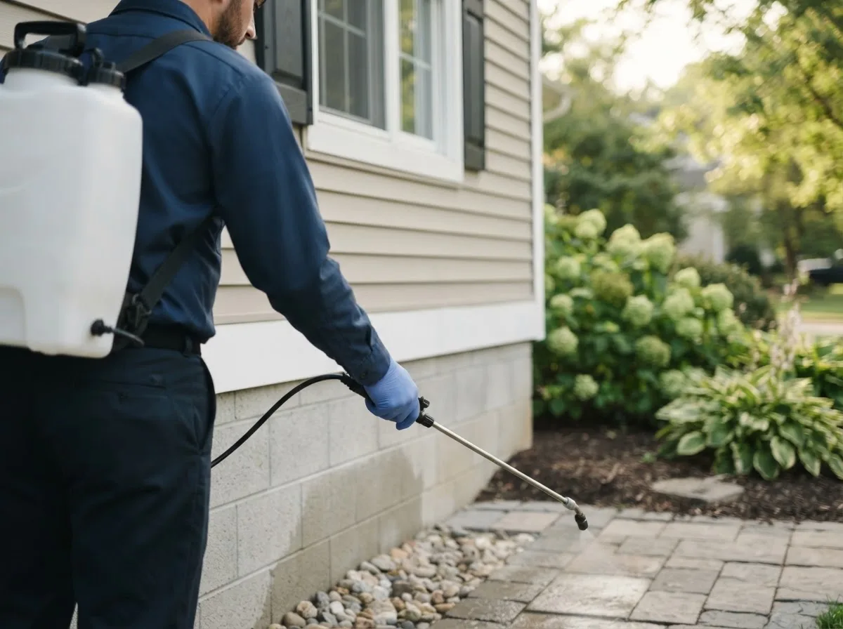 Pest control technician inspecting a home in Lucerne, MO